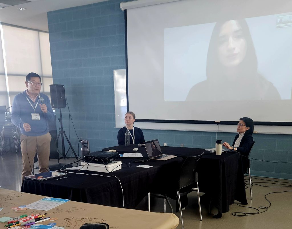 Panel from left to right: Dr. Leslie Chan (moderator), Anna Jasinska, Rajaa Berry (on zoom), and Bella Lam